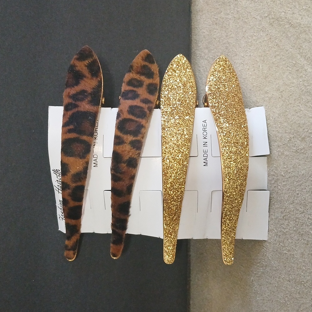 Blackand Gold Tone Faux Animal Print & Crystal Metal Hair Clips 4 Pcs NEW